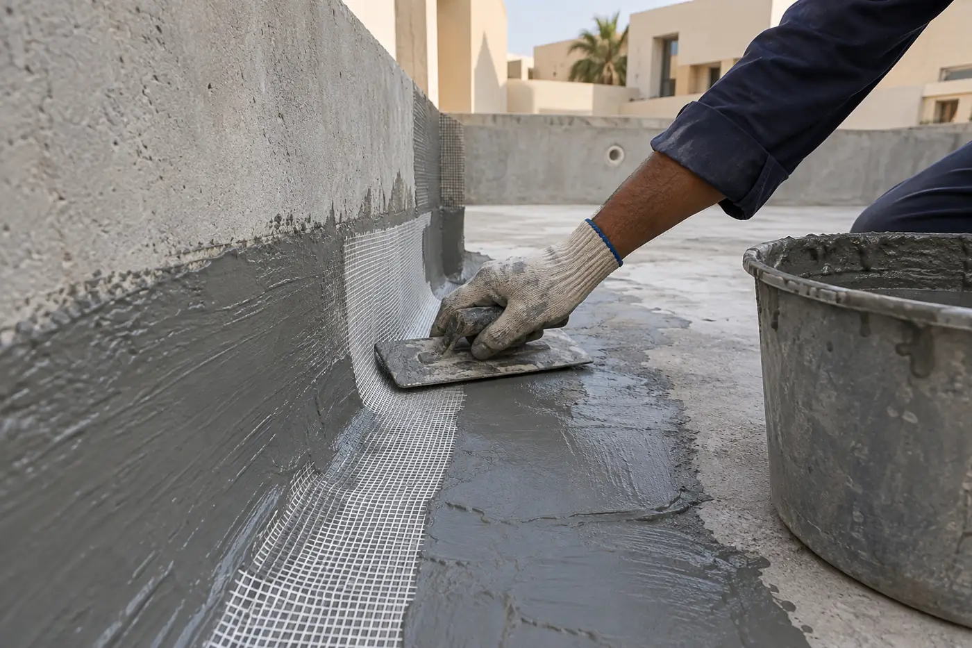 شبك تسليح في زاوية حوض المسبح قبل طبقة العازل