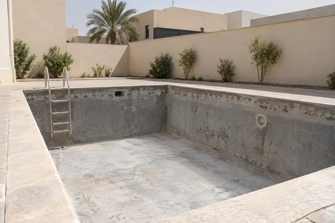 عزل مسابح الفلل يبدأ بحوض فارغ تظهر خرسانته وشروخ قديمة عند خط الماء